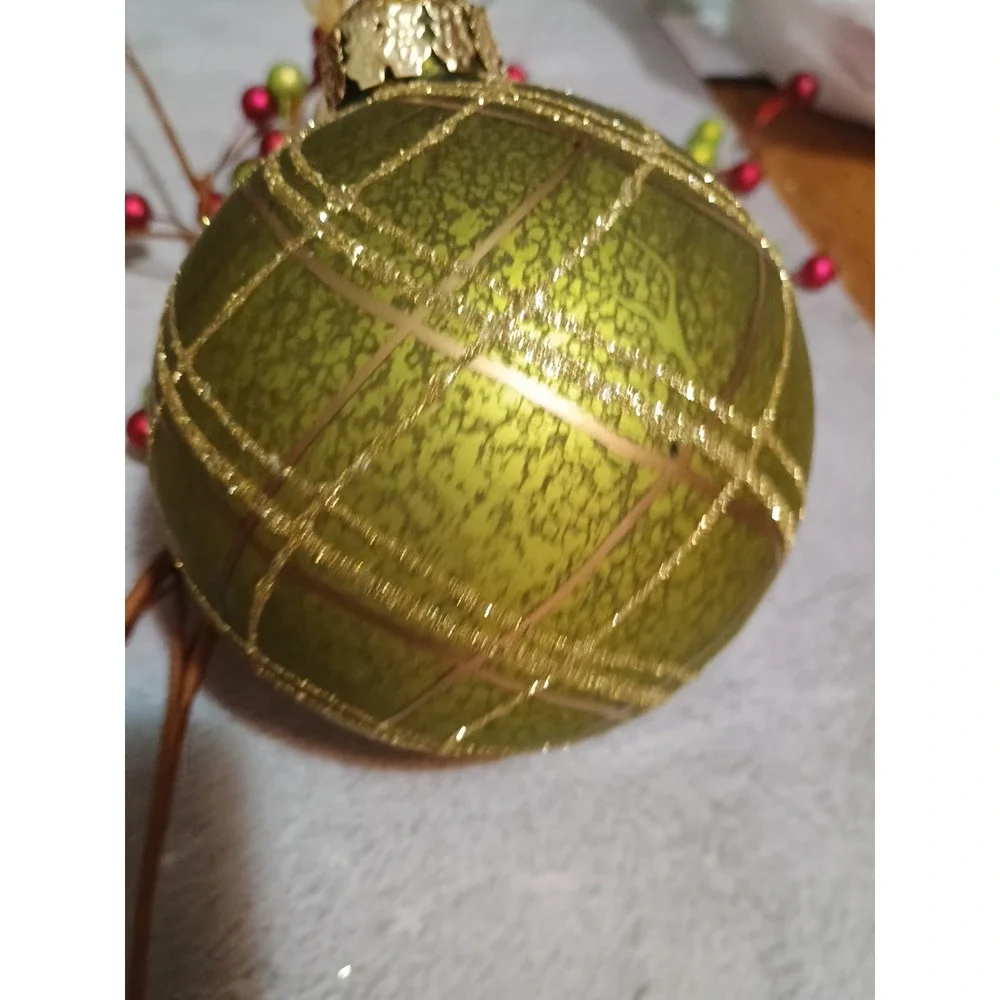 Frontgate Plaid Light Green‎ & Gold Round Glass Christmas Ornament Gold Glitter